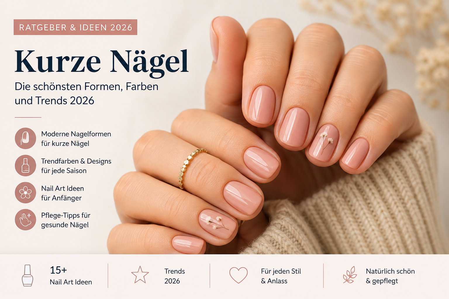 Kurze Fingernägel mit elegantem Nude-Nagellack und minimalistischem Blumendesign