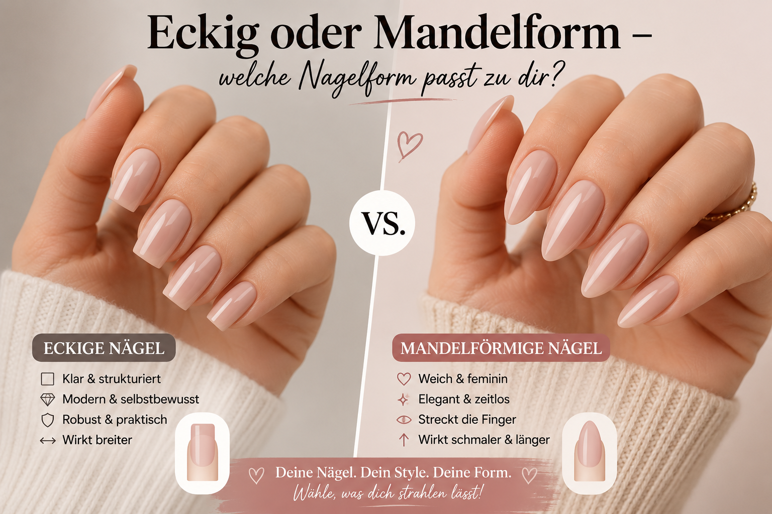 Vergleichsbild zweier Hände, links eckige Nägel, rechts mandelförmige Nägel
