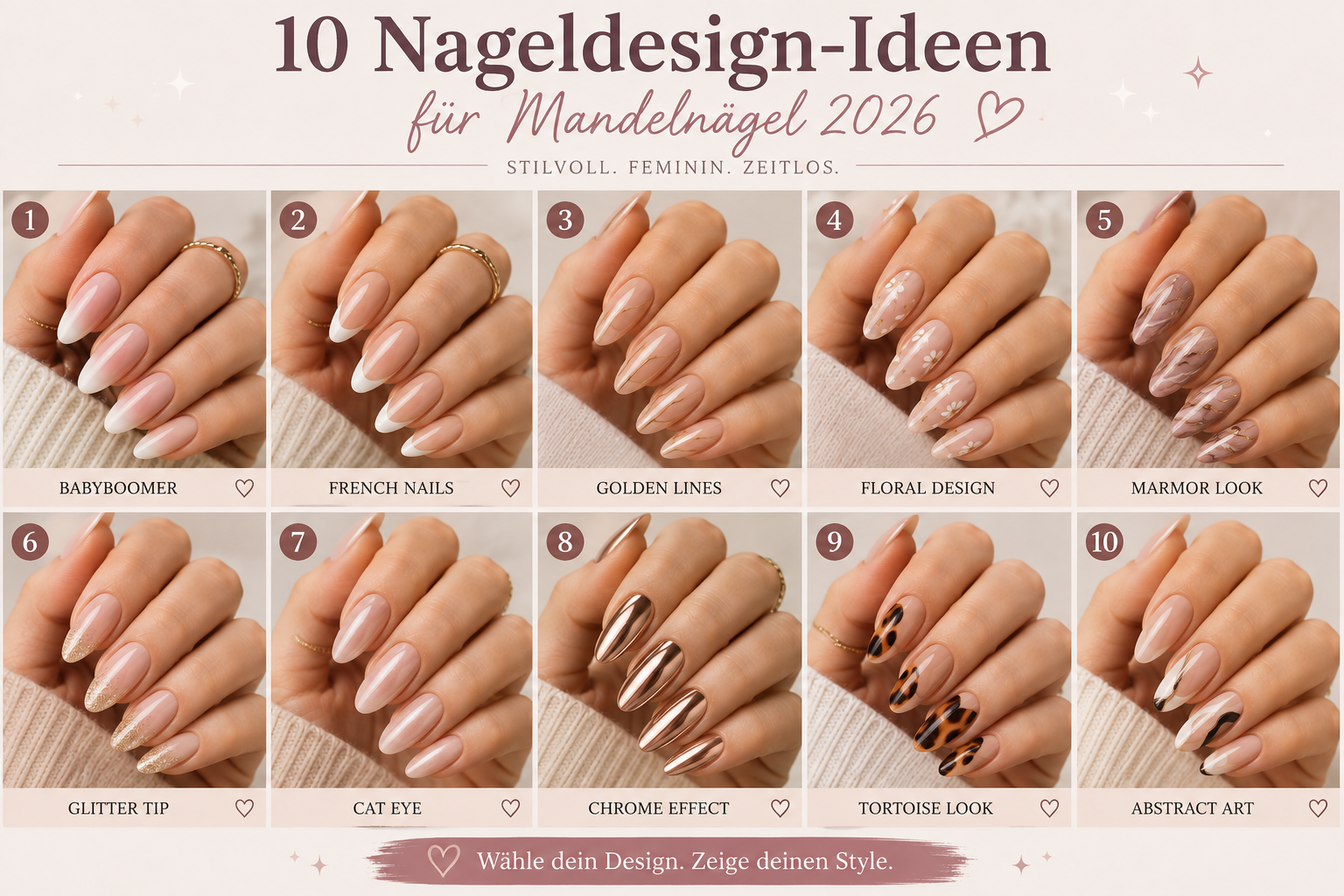 Moodboard mit zehn verschiedenen Nageldesigns auf mandelförmigen Nägeln