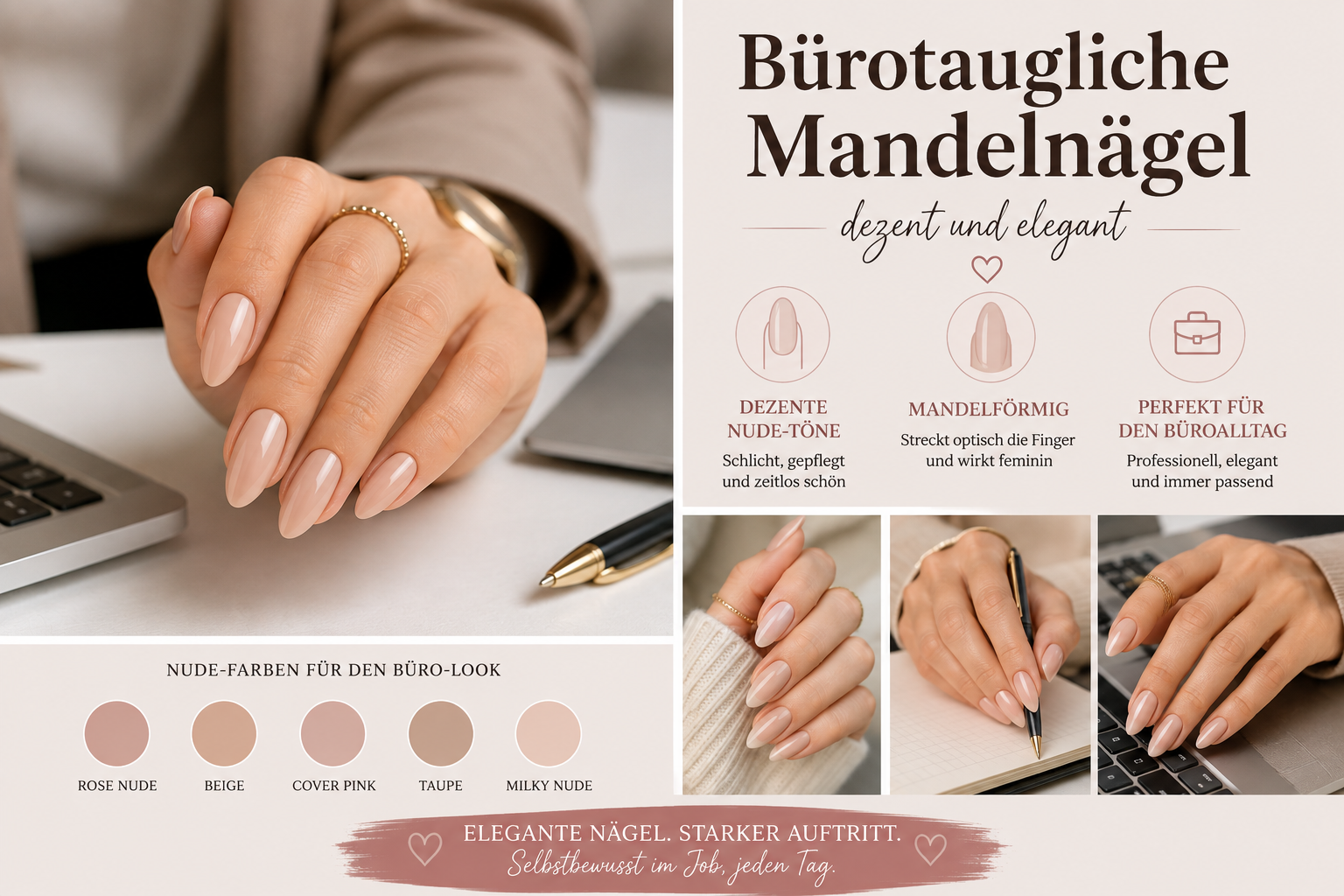 Mandelförmige Nägel in dezentem Nude-Ton für den Büroalltag