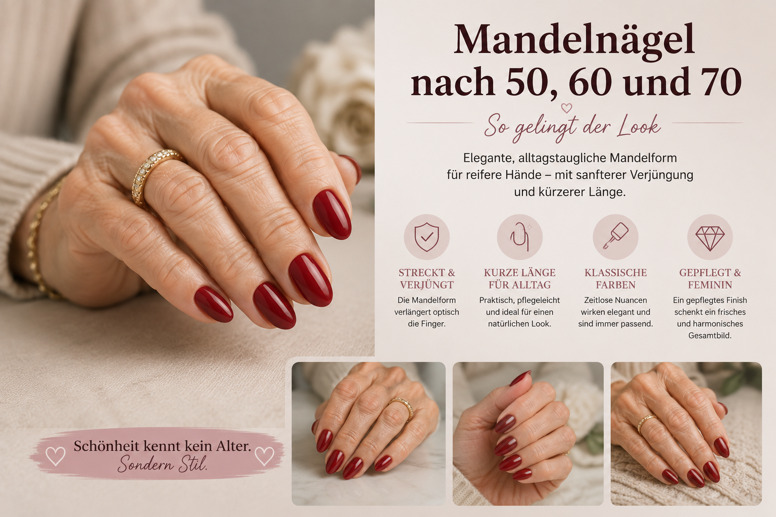 Kurze mandelförmige Nägel in klassischem Rot an reiferer Hand