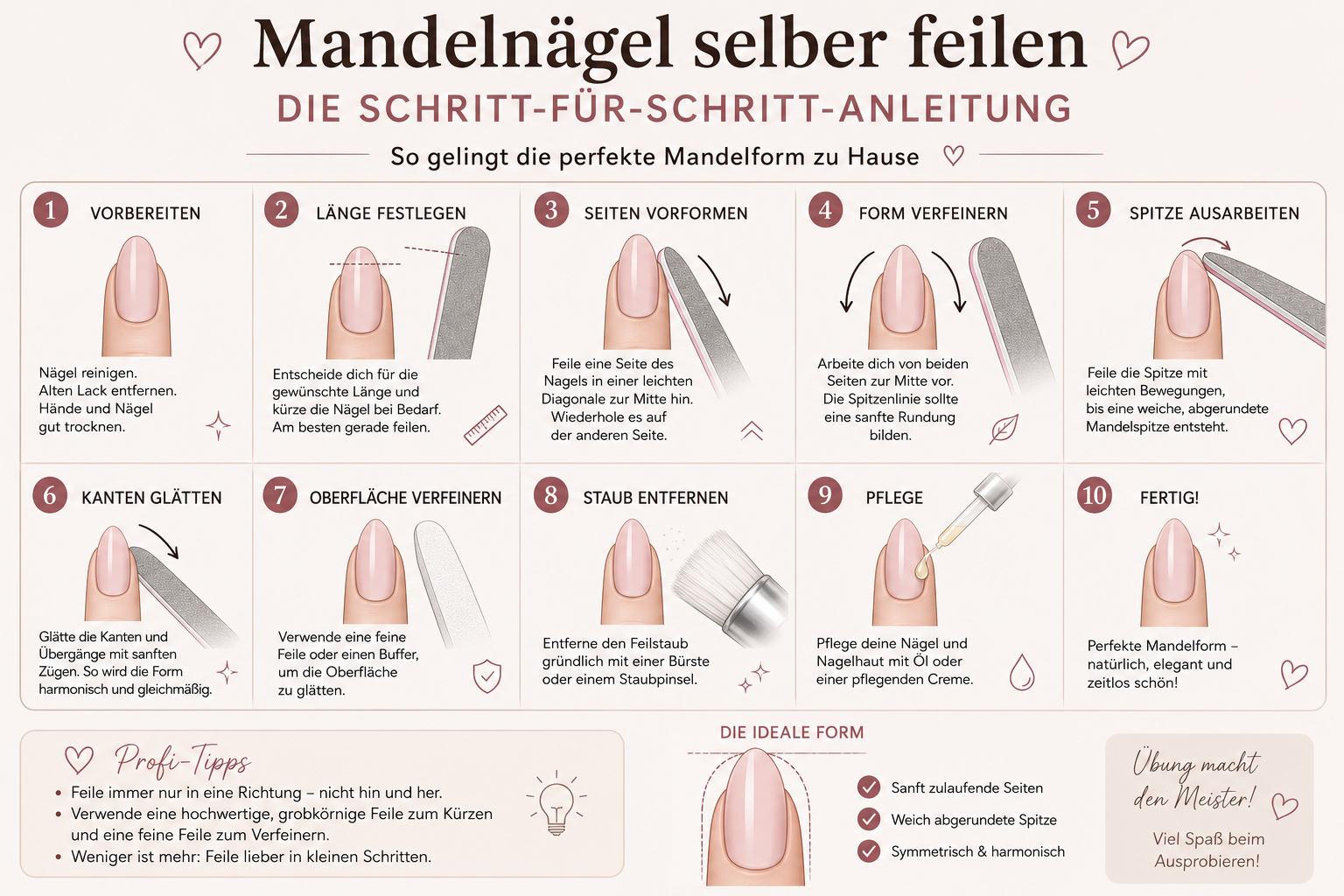 Illustrierte Schritt-für-Schritt-Anleitung zum Feilen mandelförmiger Nägel