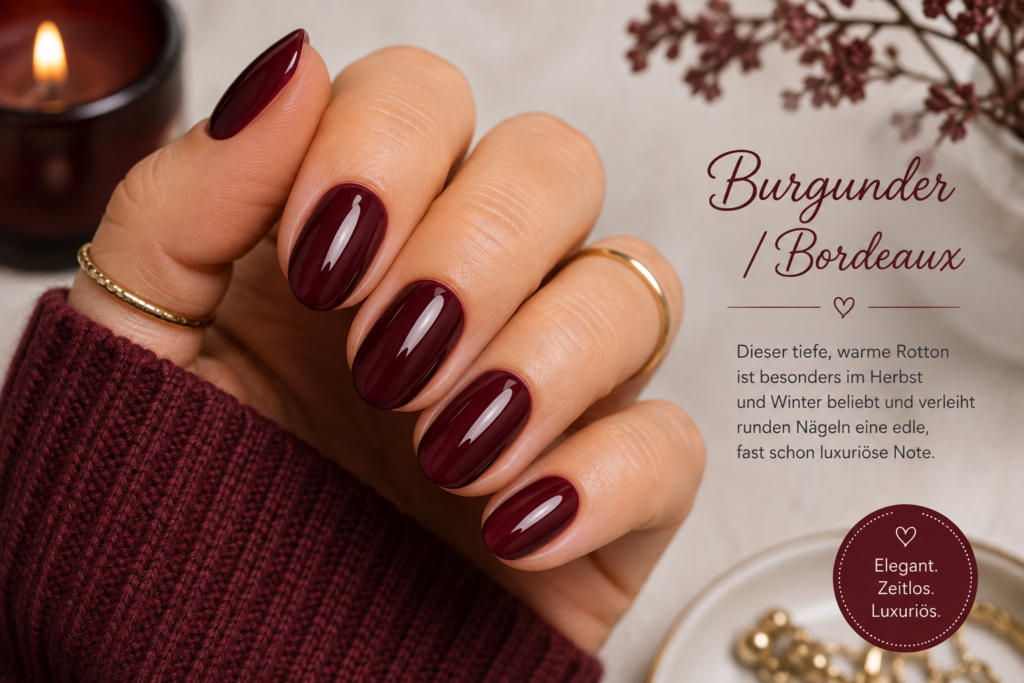Burgunder / Bordeaux
Dieser tiefe, warme Rotton ist besonders im Herbst und Winter beliebt und verleiht runden Nägeln eine edle, fast schon luxuriöse Note.
Bild: Runde Nägel in Bordeaux-Rot.
ALT: Runde Nägel Burgunder Design