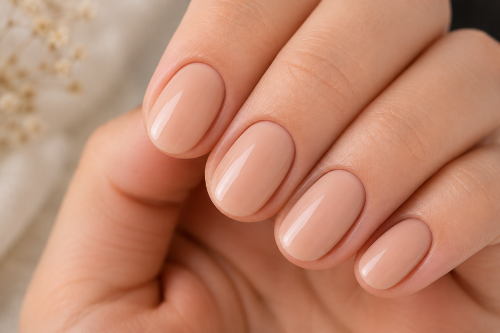 Runde Nägel Nude Maniküre Nahaufnahme