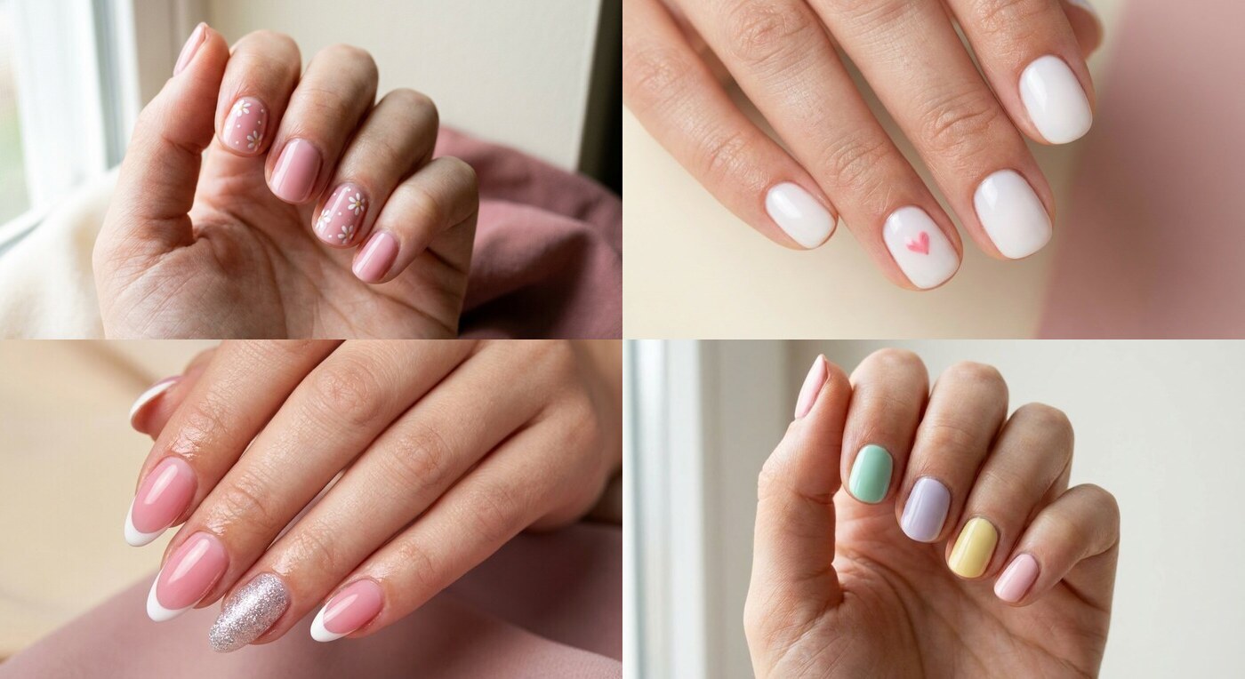 Collage mit vier Back-to-School-Nageldesigns in Rosa, Weiß und Pastell
