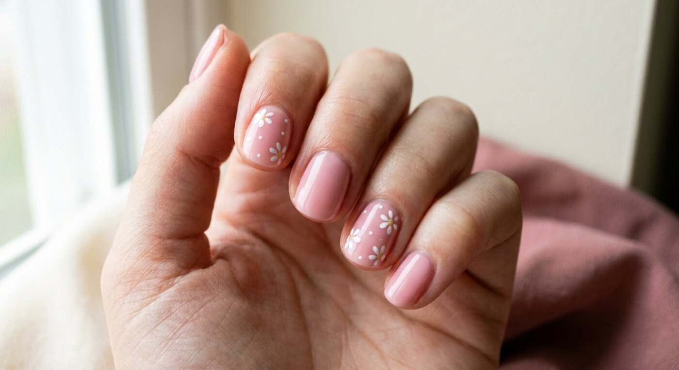 Süße Back-to-School-Nägel in Rosa mit kleinen weißen Details