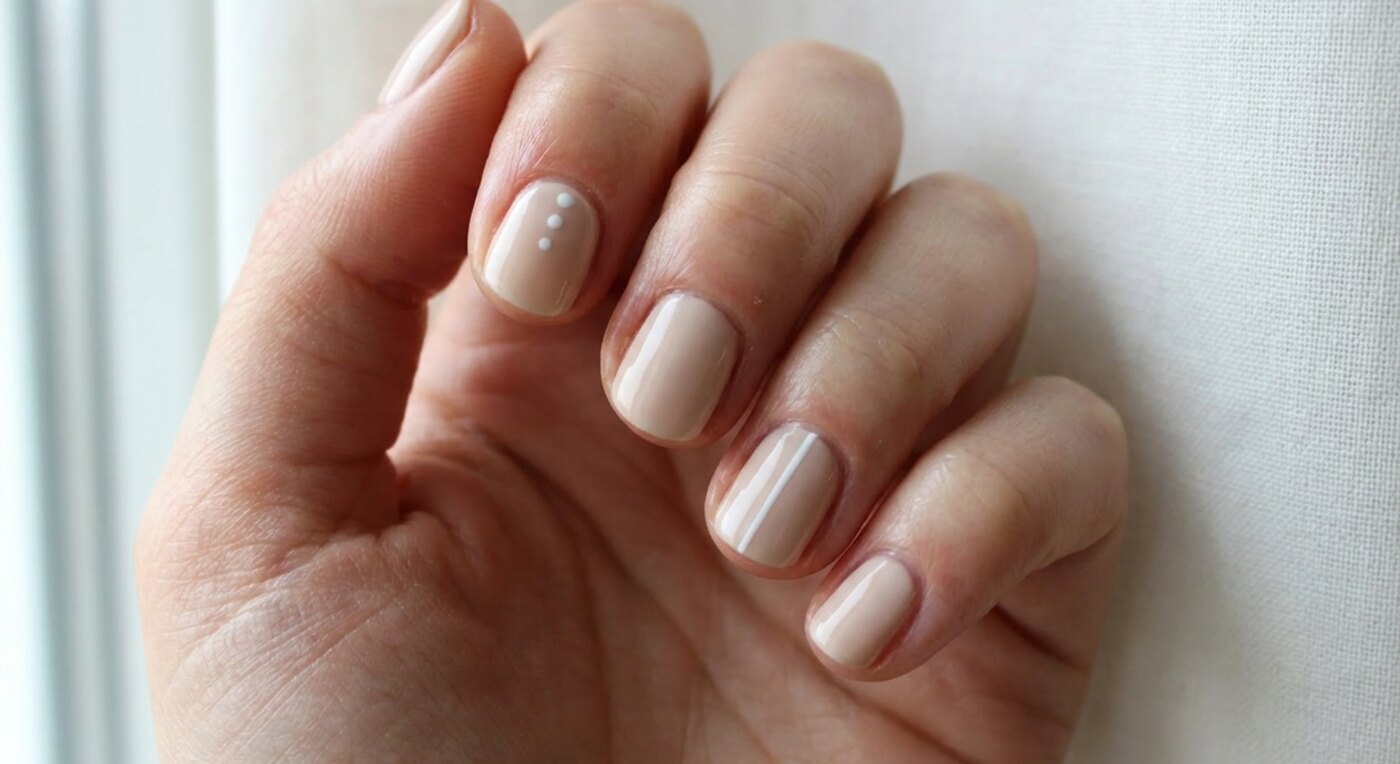 Einfache Nail Art mit Punkten und Linien auf hellem Nagellack