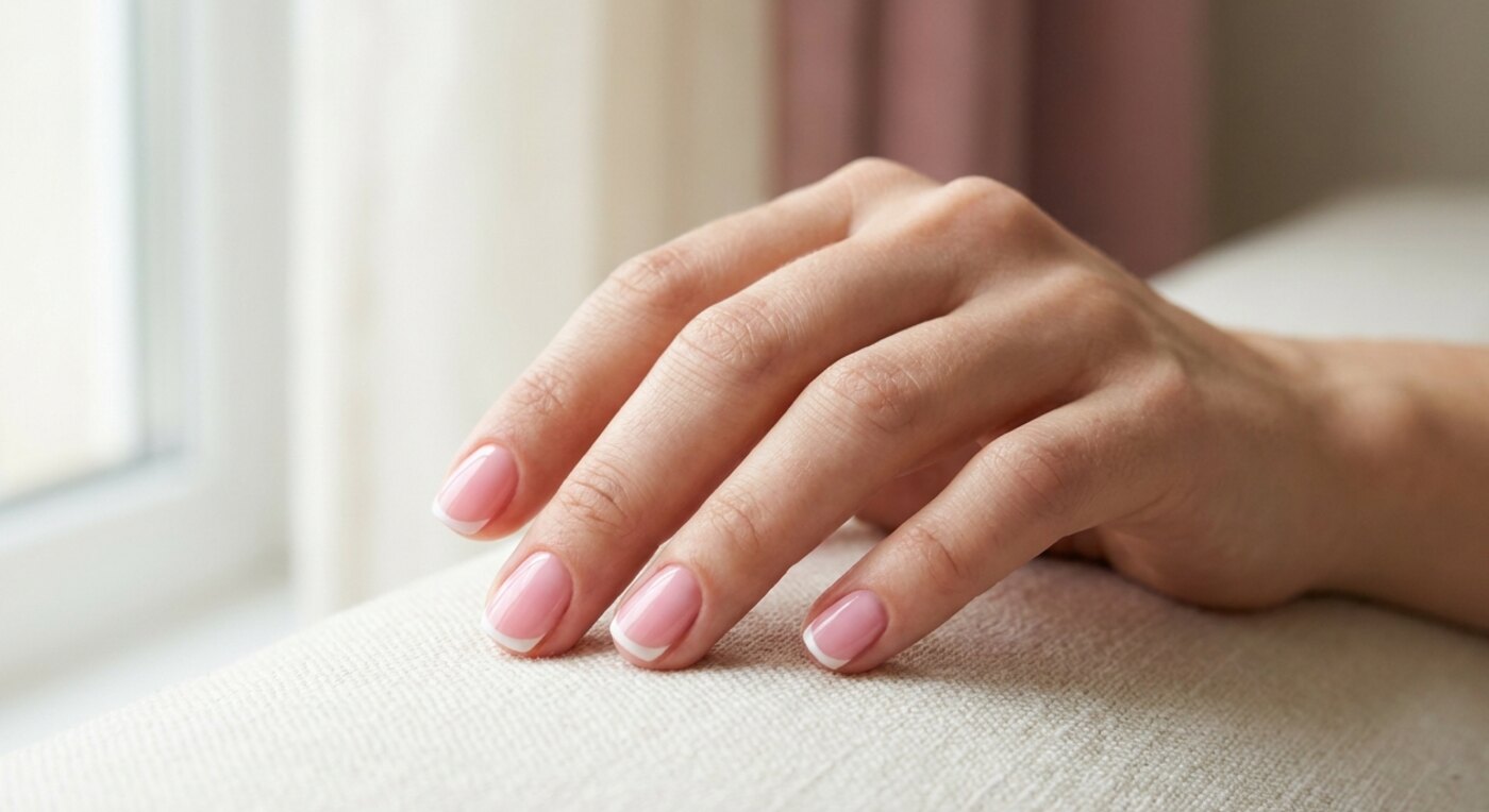 Back-to-School-Nägel in Rosa und Weiß auf kurzen Nägeln