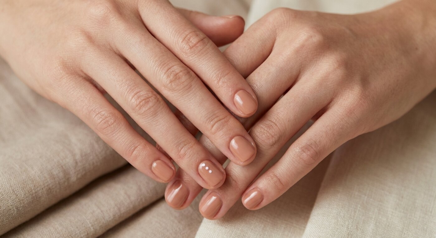 Kurze gepflegte Nägel in Nude mit dezenten Punkten
