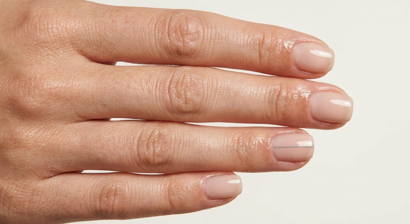 Minimalistisches Nageldesign in Nude mit feiner Linie