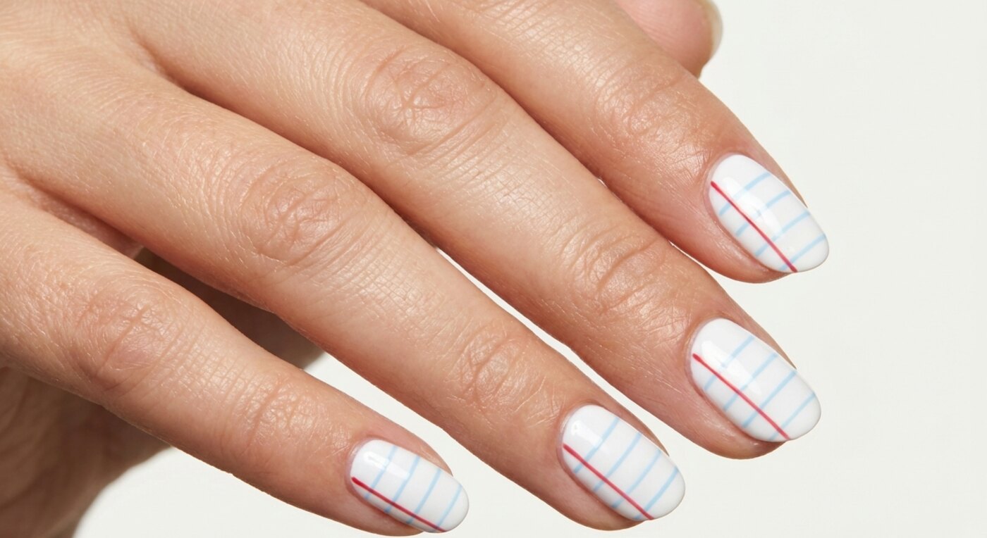 Nageldesign mit dünnen blauen Linien wie liniertes Schulpapier