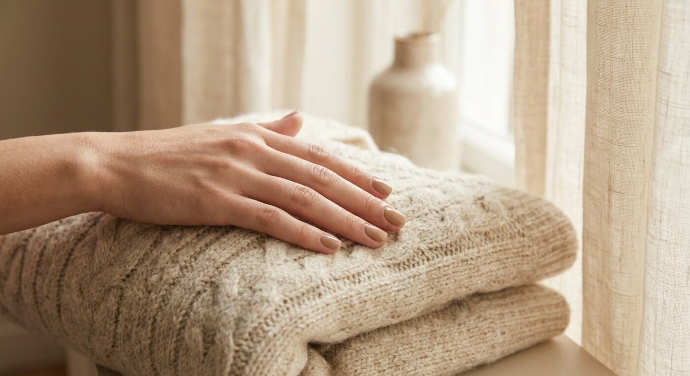 Hand mit dezenten Nägeln neben einem beigen Strickpullover