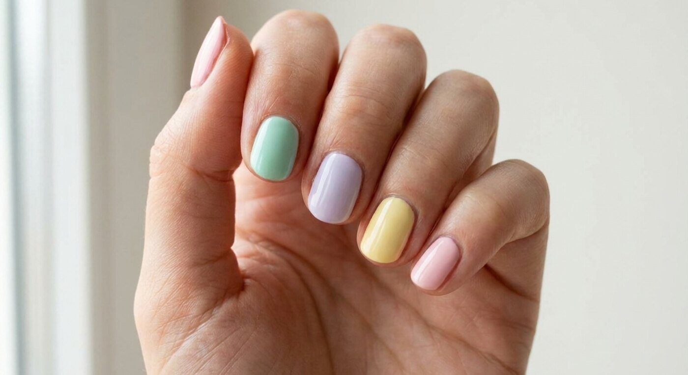 Kurze Nägel mit Pastell-Nail-Art in Rosa, Mint und Lavendel