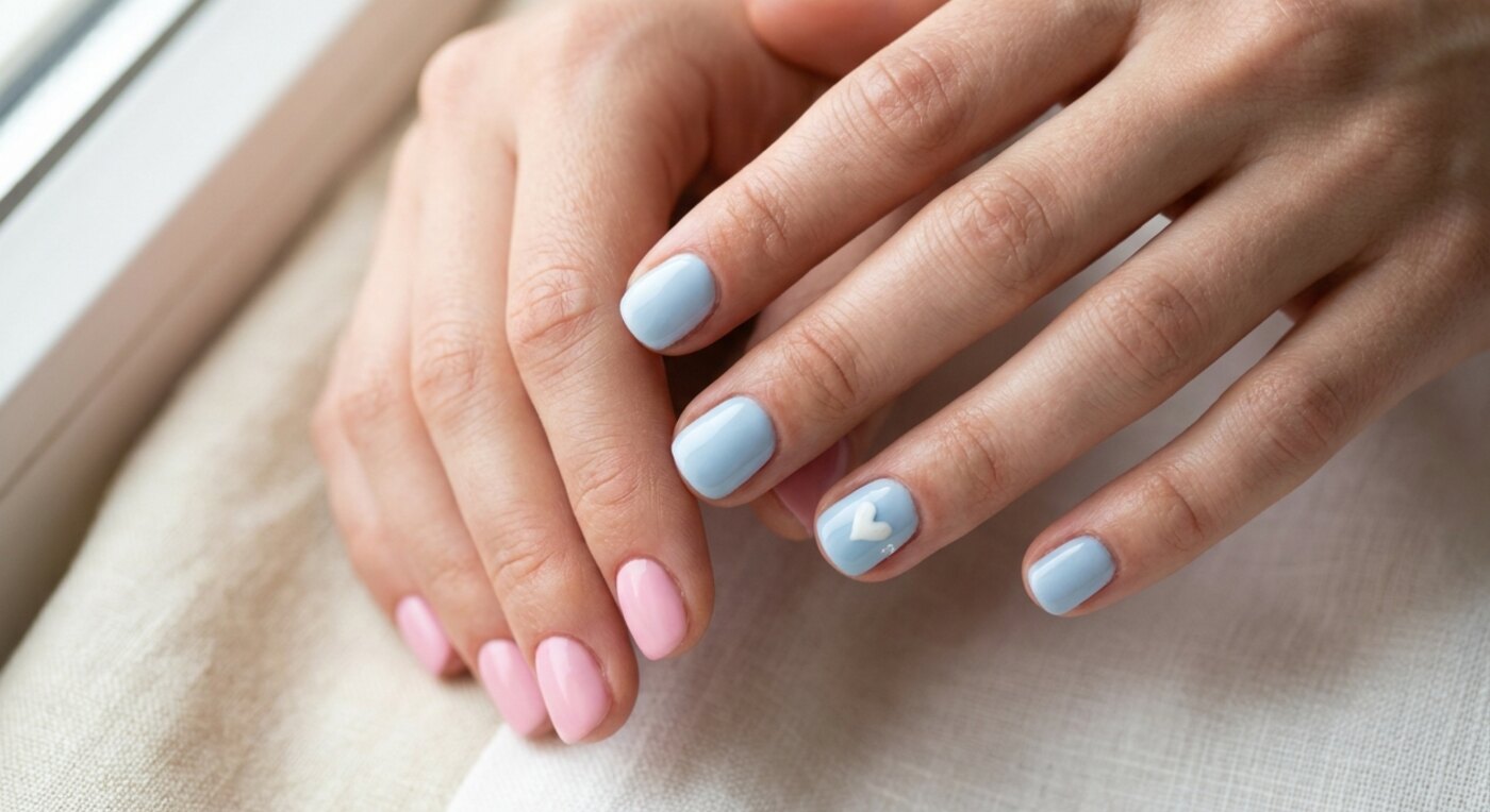 Nägel in Rosa und Hellblau mit kleinen Herzmotiven