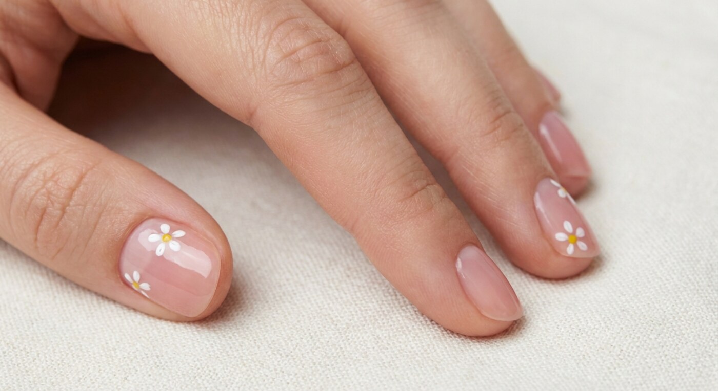 Kurze Nägel mit kleiner Blüten-Nail-Art in Weiß und Rosé