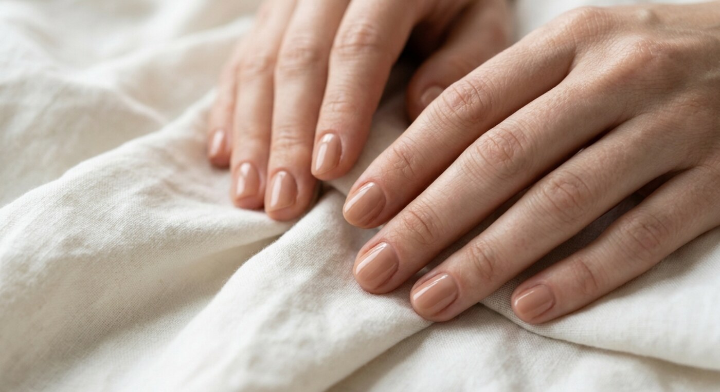 Kurze gepflegte Fingernägel in Nude mit dezentem Glanz