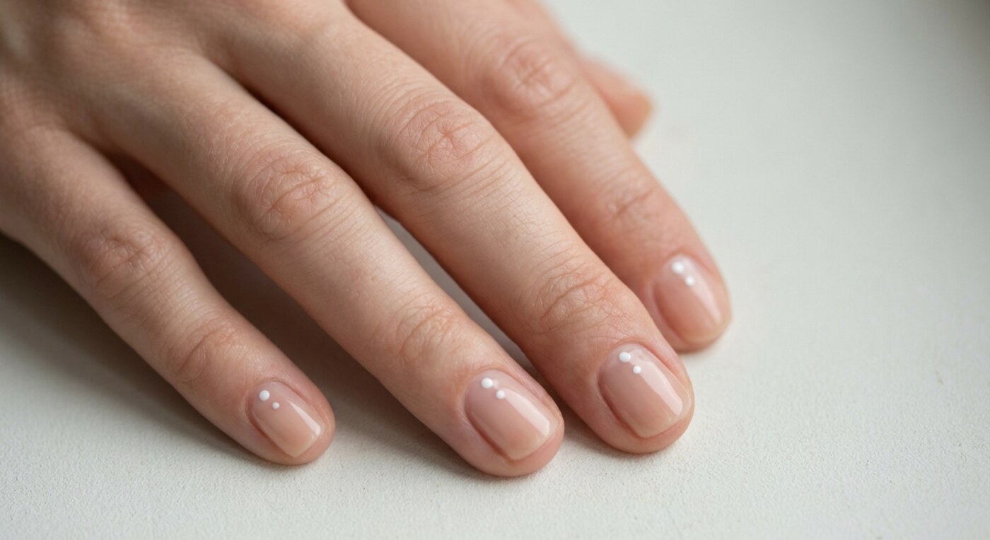 Kurze Nägel mit minimalistischen weißen Punkten auf Nude