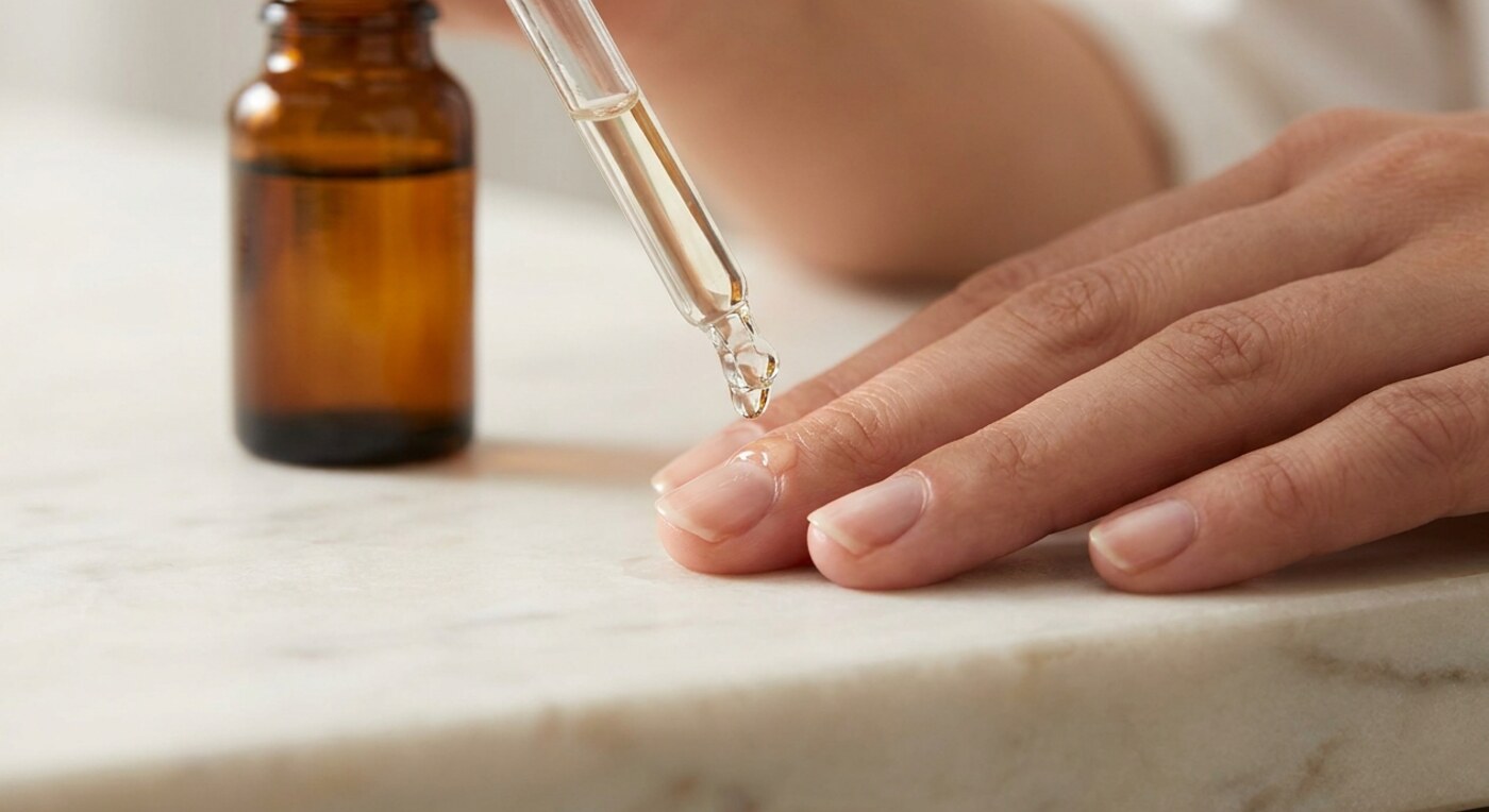 Nagelöl wird auf kurze gepflegte Nägel aufgetragen