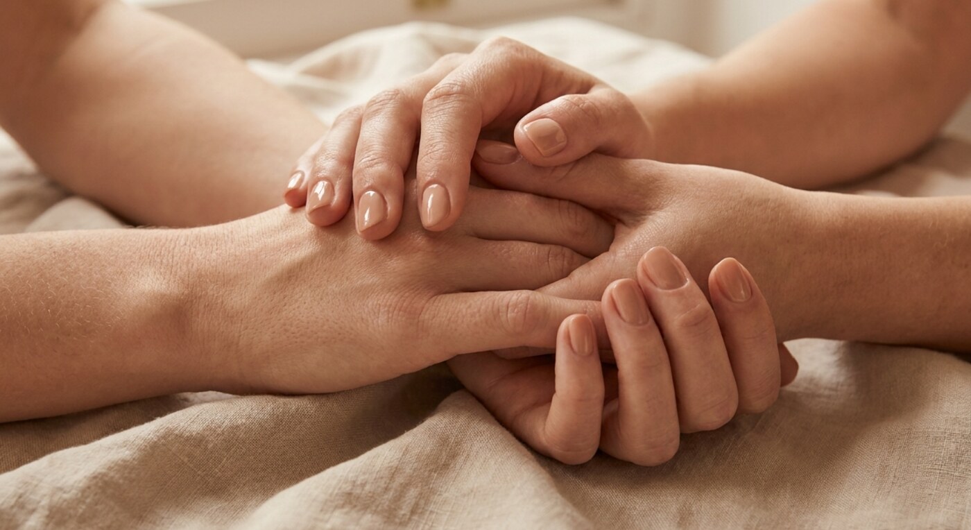 Kurze Nägel in warmem Nude auf hellem Untergrund