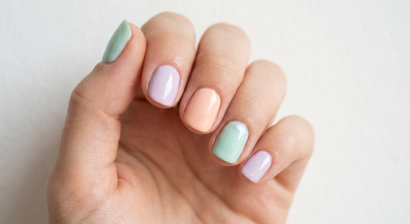 Kurze Nägel mit pastellfarbener Nail Art in Mint und Flieder