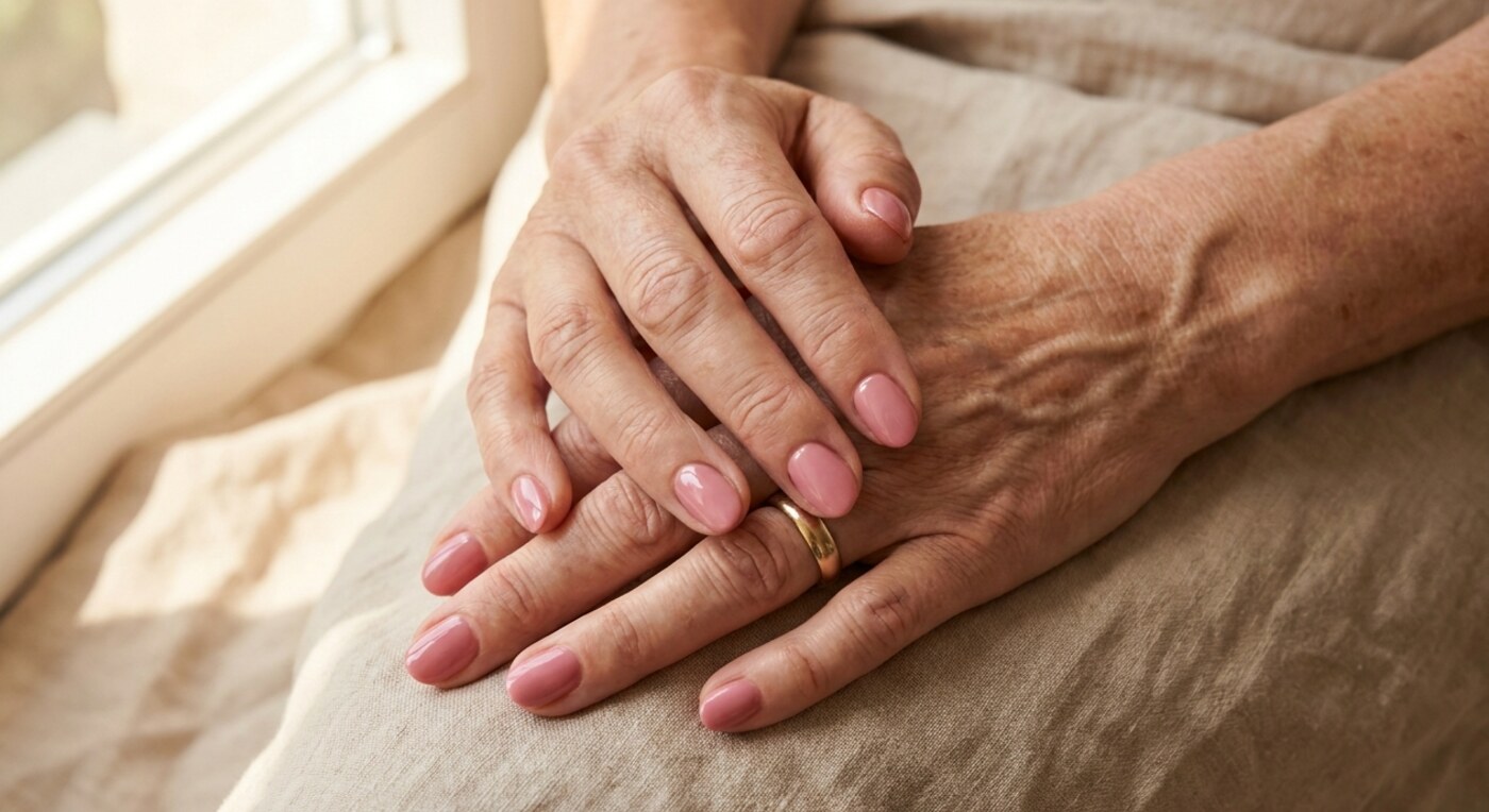 Gepflegte kurze Nägel in Rosé auf reiferen Händen