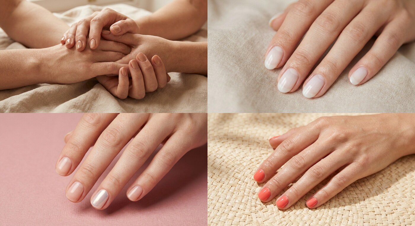 Übersicht der Trendfarben 2026 für kurze Nägel in Nude, Rosé, Koralle und Bordeaux