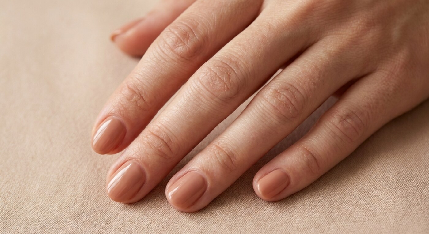 Kurze ovale Nägel in Nude auf gepflegten Händen