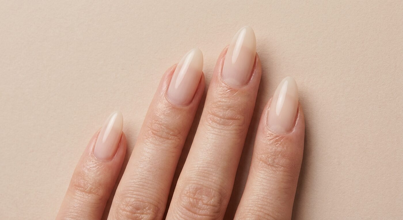 Lange mandelförmige Nägel in Nude mit gepflegter Nagelhaut