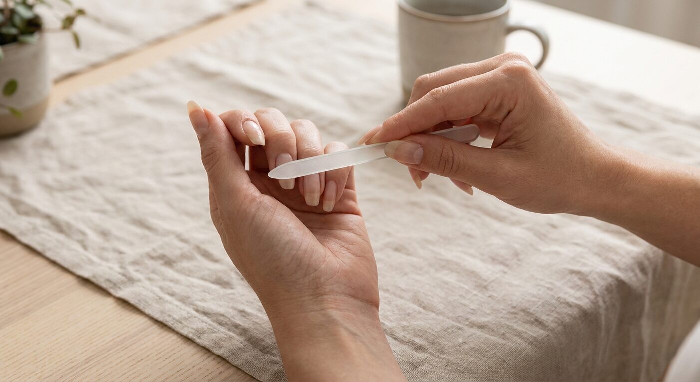 Lange Nägel mit einer Nagelfeile in Form feilen
