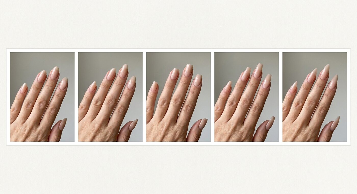 Lange Nägel in fünf Nagelformen: oval, mandelförmig, square, coffin und stiletto