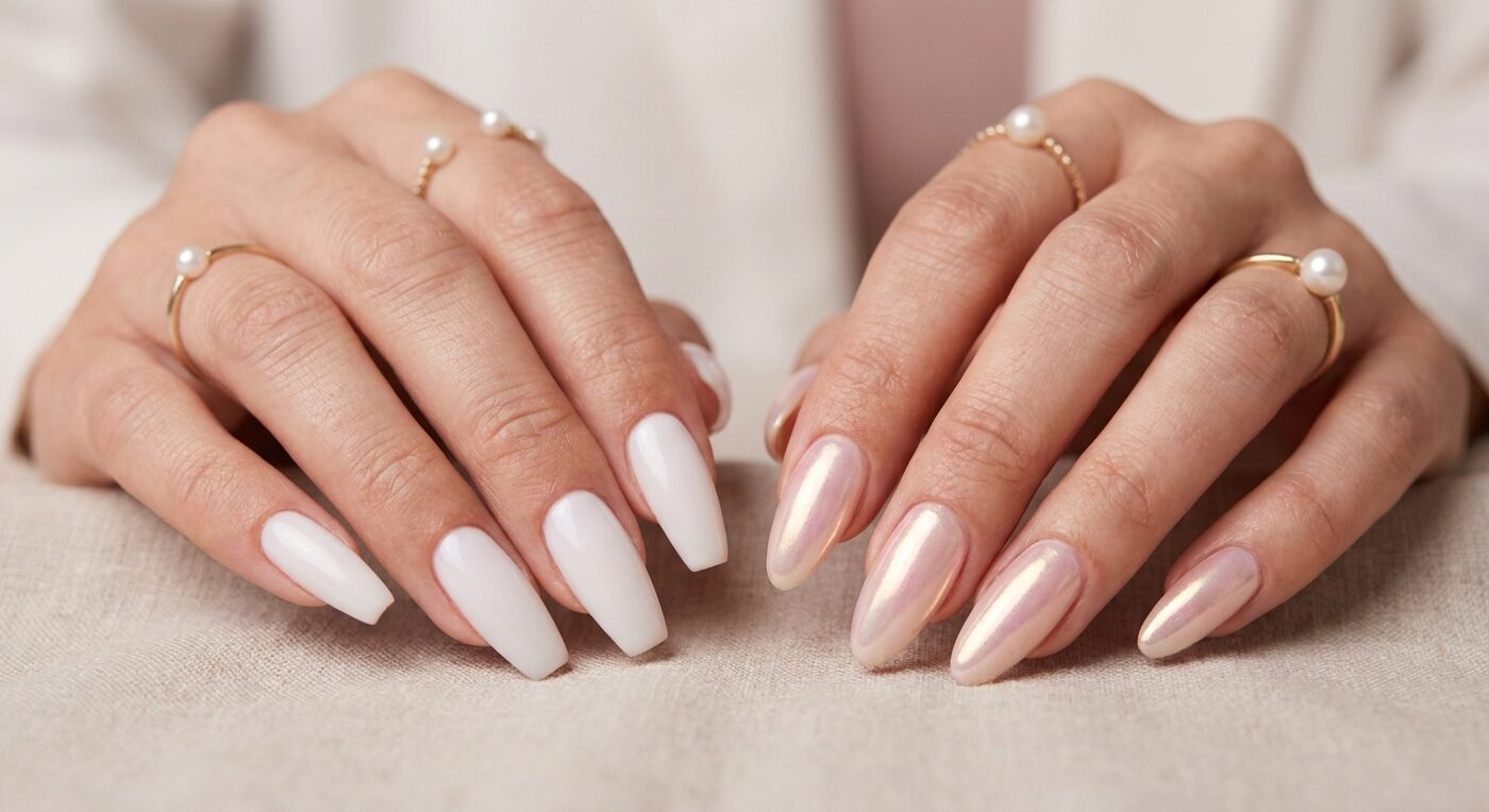 Lange Nägel in Milky White und in schimmerndem Chrome