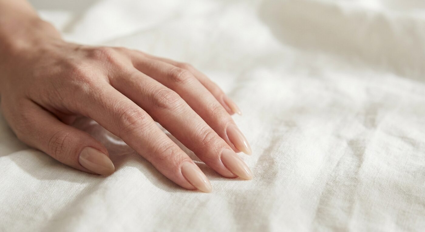 Lange Nägel in mandelförmigem Design mit Nude-Nagellack 2026