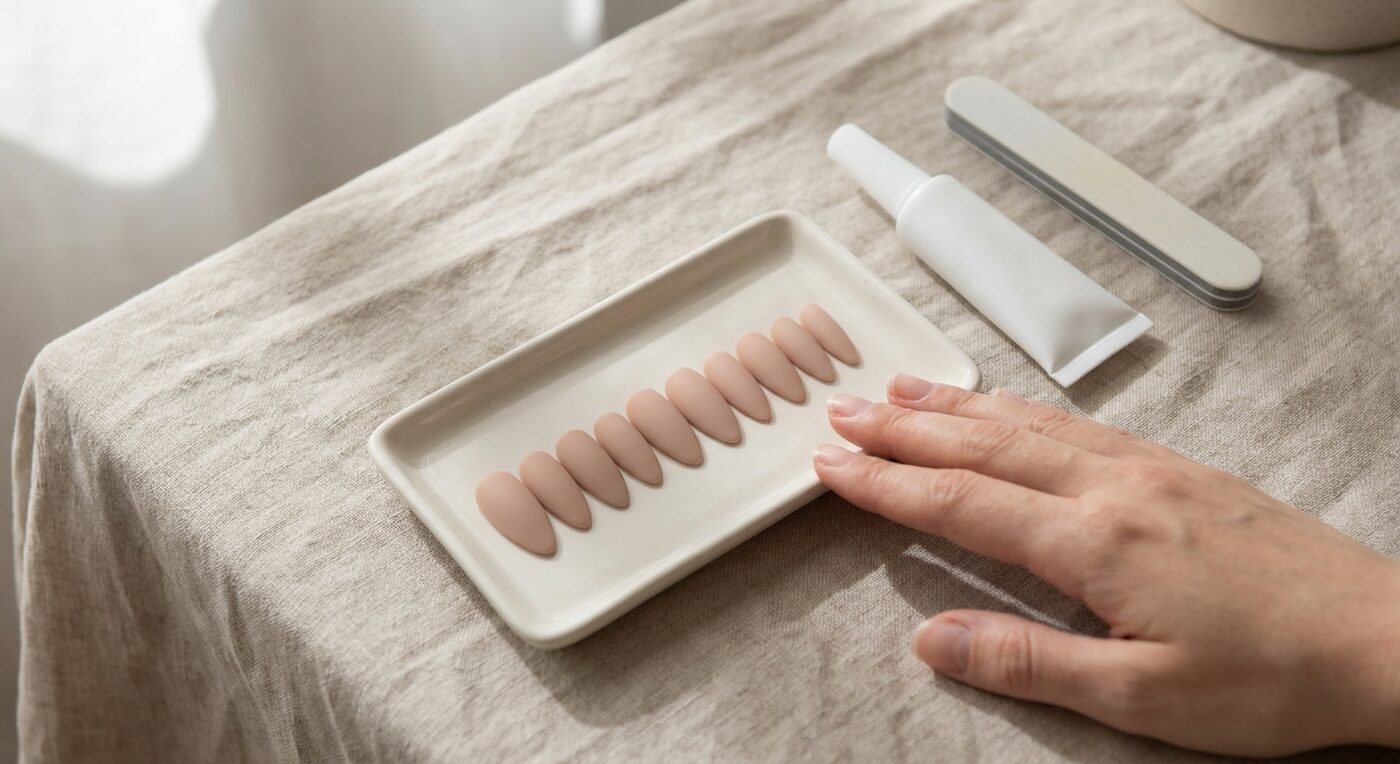Set aus langen Press-on Nails in Nude neben Nagelfeile und Kleber