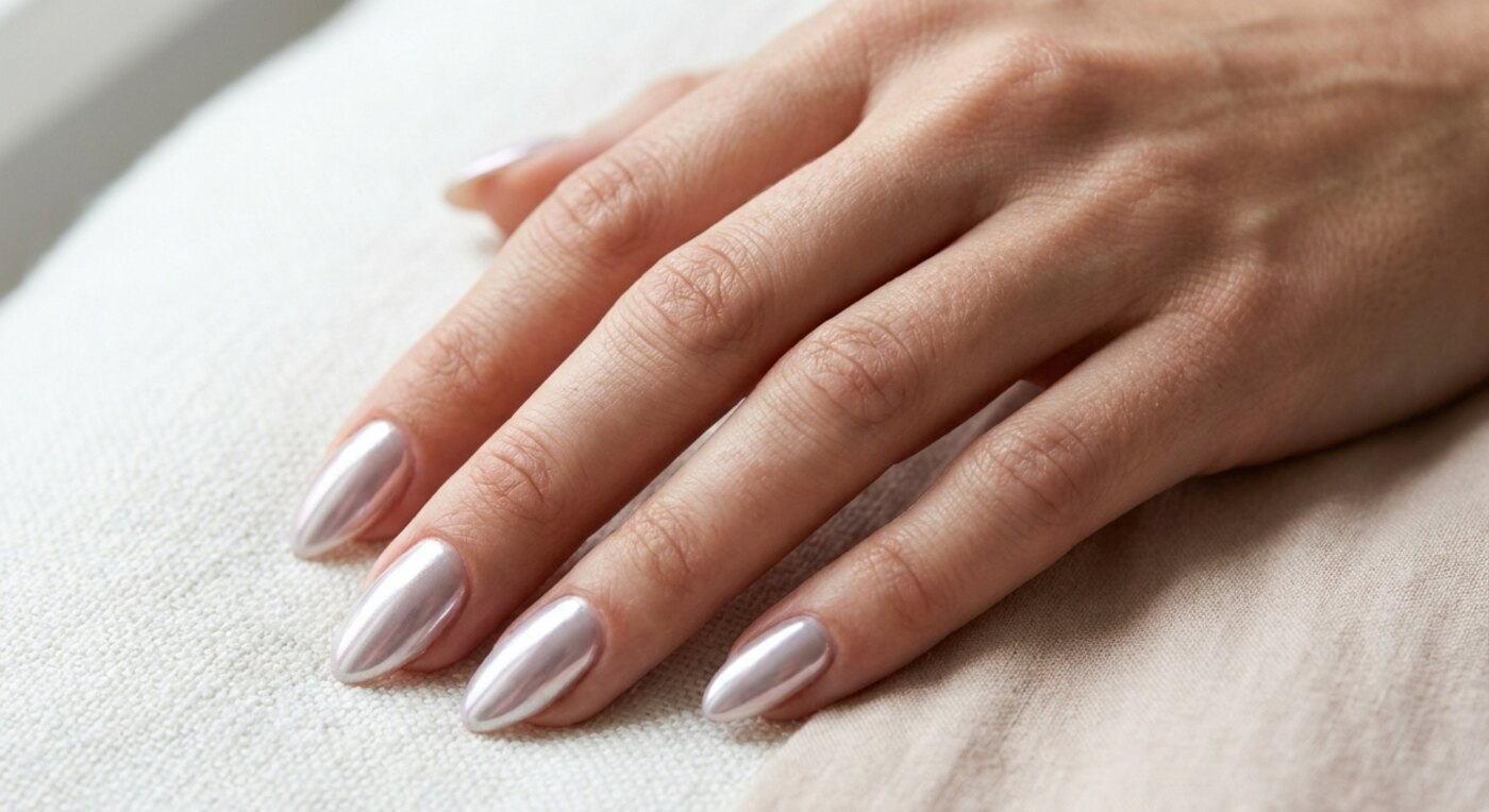 Mandelförmige Nägel mit dezentem Chrome- und Glazed-Schimmer