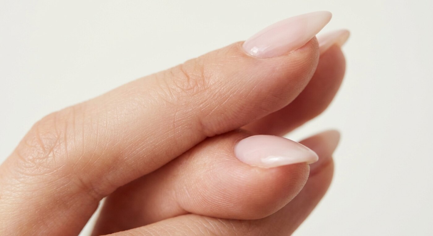 Nahaufnahme eines mandelförmigen Nagels mit eingezogenen Seiten und runder Spitze
