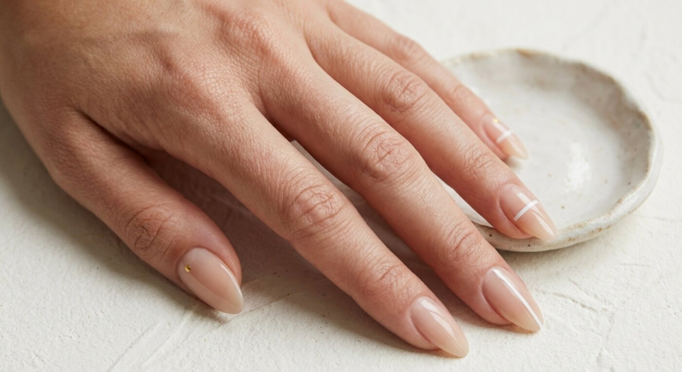 Mandelförmige Nägel mit minimalistischer Nail Art in Nude und Weiß