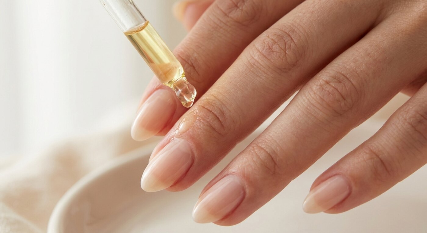 Nagelöl wird auf mandelförmige Naturnägel aufgetragen