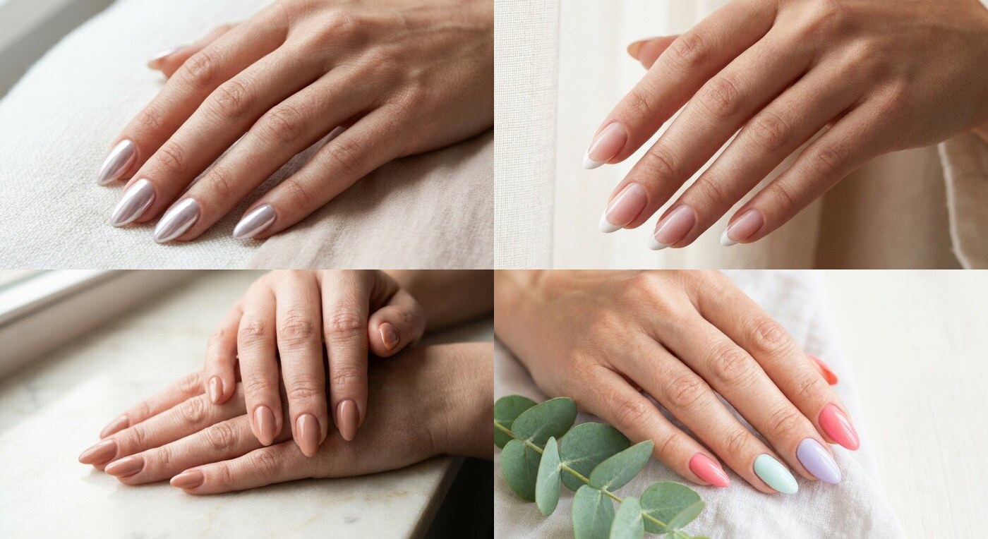 Übersicht moderner Nageltrends 2026 mit Nude, French, Chrome und Sommerfarben
