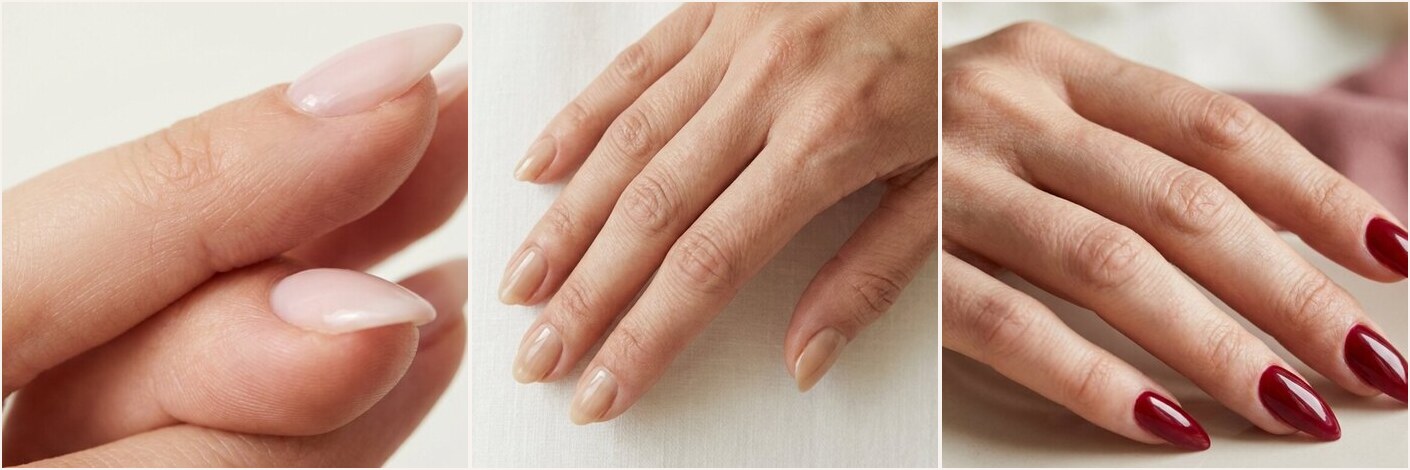 Vergleich von Mandelform, ovaler Form und Stiletto-Nägeln nebeneinander